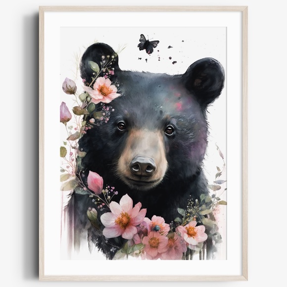 Other - Watercolor Floral Black Bear Portrait Wall Art Illustration Print Unframed